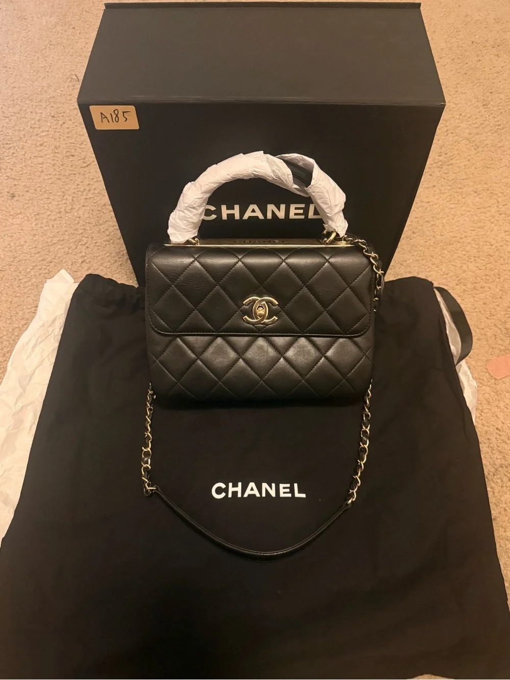 New CHANEL Black Quilted Leather Mini Top Handle Bag with Gold Hardware